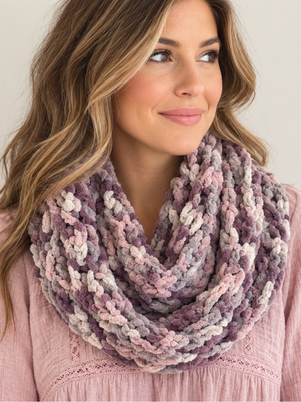 HANDMADE Chunky Chenille Scarf Pink Purple Variegated Loop Infinity Scarf Cozy